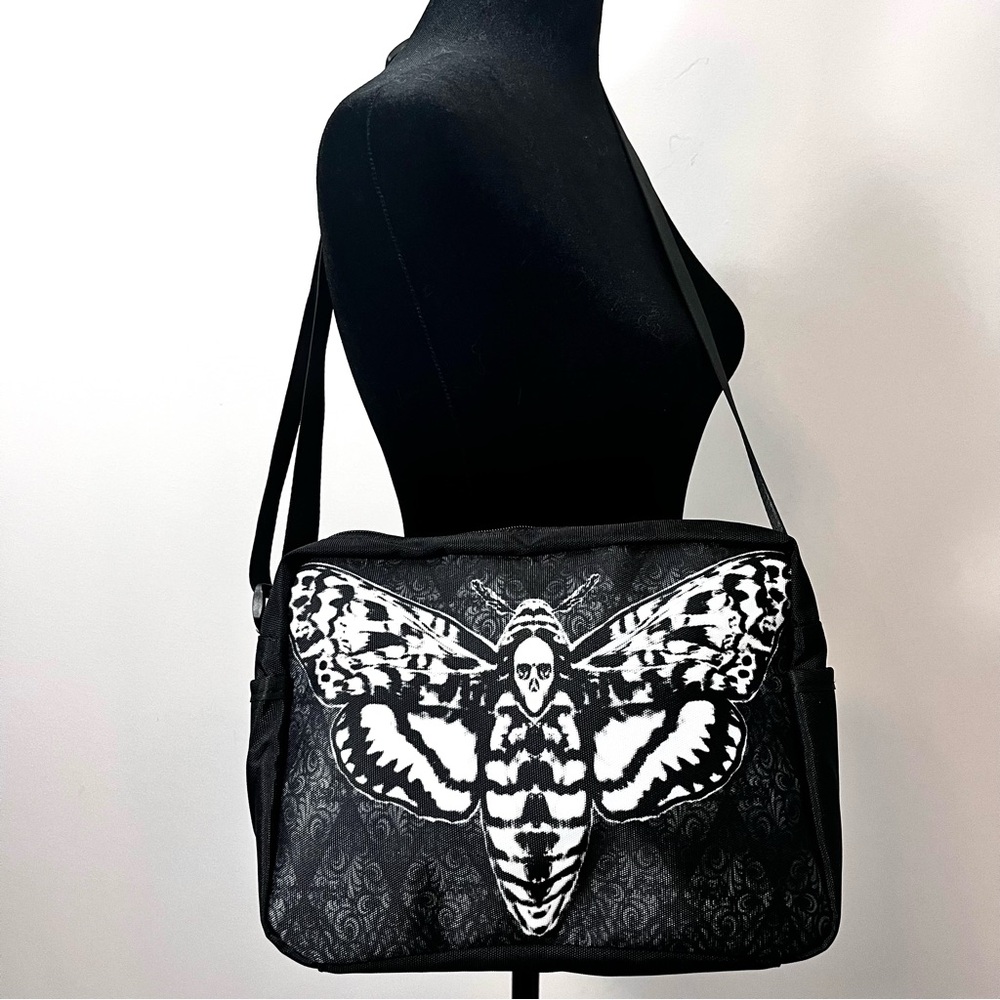 NWOT Death Head Moth on Damask Crossbody Shoulder Nylon Bag Black White Goth